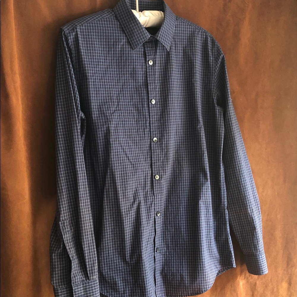Calvin Klein Navy Blue Checked Long-Sleeve Dress Shirt